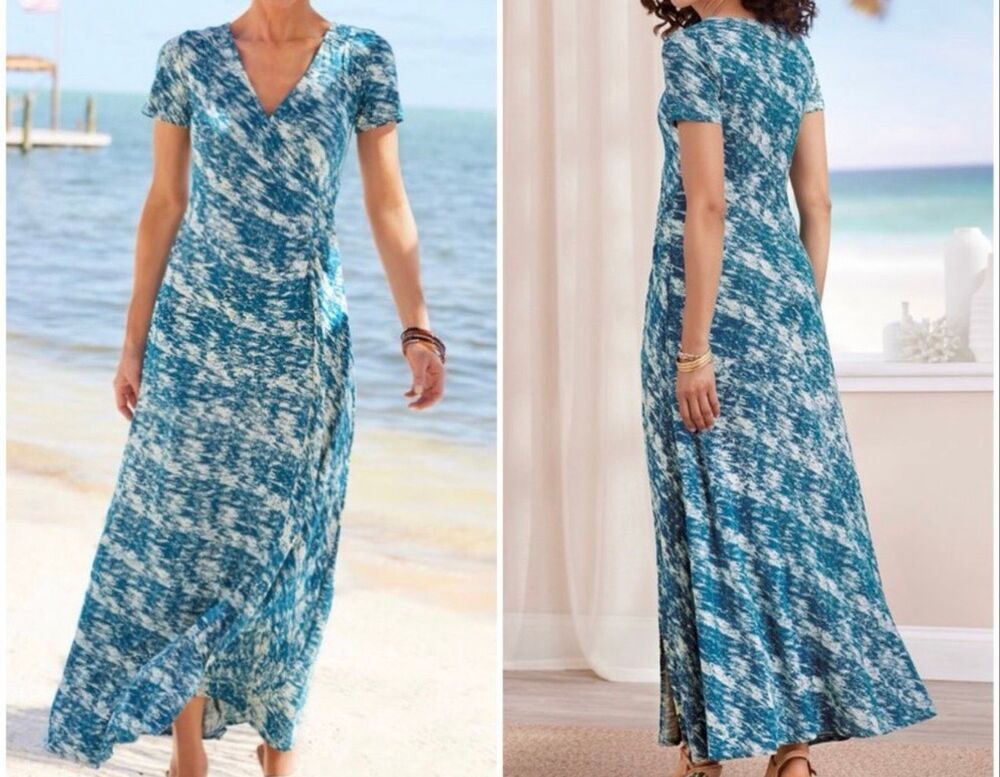 Soft Surroundings Joanna Cinch Waist Faux Wrap Dress Teal Ecru - BNWT - US L 12-